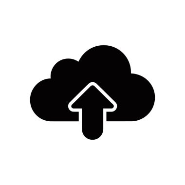 İllülasyon, yukarı bakan bir ok ile bulut deposuna veri yüklemeyi sembolize eden bir siyah bulut simgesi tasvir ediyor. Beyaz arkaplan simgenin basitliğini vurgular.