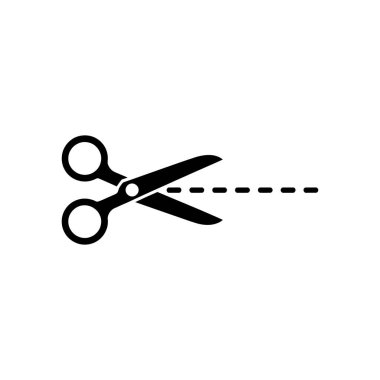 Siyah vektör simgesi, kesme, terzilik veya zanaat faaliyetlerini temsil eden, beyaz bir arkaplanda izole edilmiş, noktalı bir çizgi kesen makas tasvir eder. Tasarım veya yaratıcı projeler için kullan.