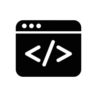 Siyah izole edilmiş tarayıcı pencere grafiği kod parantez etiketleri vektör simgesi içerir. Kodlamayı, programlamayı, web sitesinin gelişimini temsil eder. Vektör beyaz arkaplanda.