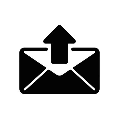 Yukarıya bakan bir okun olduğu siyah bir e-posta zarfının silueti, beyaz bir arkaplanda göndermeyi gösteriyor. Kullanıcı arayüzü tasarımı, web geliştirme ve iletişim uygulamaları için ideal.