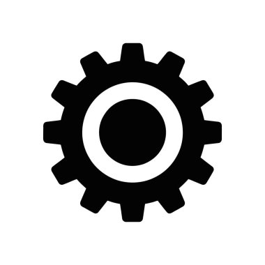 Beyaz zemin üzerinde beyaz bir halka ile izole edilmiş siyah dişli ikonu. Bu vektör illüstrasyonu temiz, basit ve çeşitli kullanımlar için uygundur.