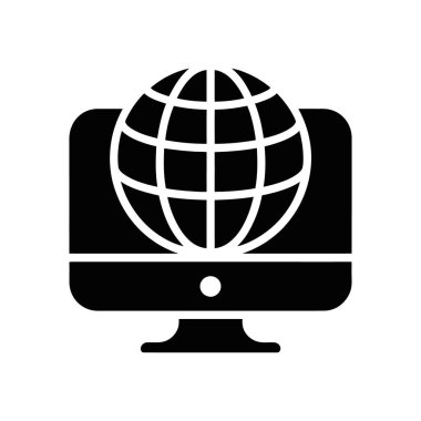 Bu vektör simgesi, ekranda internet erişimini sembolize eden bir küresel simgeye sahip koyu siyah bir bilgisayar monitörüne sahiptir. Çok yönlü kullanım için beyaz arkaplanda izole.
