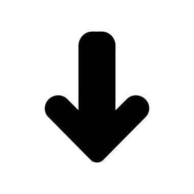 Aşağıya bakan basit, kalın ve siyah bir okun vektör simgesi. Yuvarlak kenarlı grafik tasarım ögesi çok yönlü kullanım için temiz beyaz arkaplan üzerinde izole.