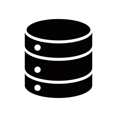 İzole edilmiş siyah veritabanı vektör simgesi, temiz beyaz bir arkaplana karşı oluşturulmuş, konnektör daireli üç silindir içerir. Teknoloji, iş ve yazılım görselleri için uygundur.
