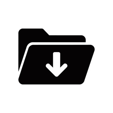 Aşağıya bakan belirgin bir indirme oku olan siyah bir klasör simgesini gösterir, temiz beyaz arkaplana karşı ayarlar. Veri aktarımını ve dosya depolamasını görüntüler.