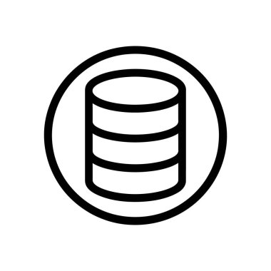 Bu basit bir vektör grafik tasarımı, beyaz zemin üzerinde siyah çizgilerle oluşturulmuş bir veritabanı sunucusunu gösteriyor. Simge minimalist ve modern..