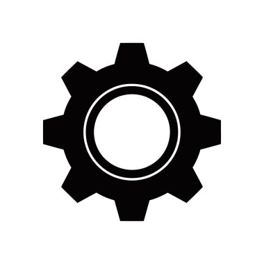 Merkezi dairesel kesme ile izole edilmiş siyah vektör dişli dişli dişli ikonu, temiz beyaz arka plana ayarlı. Grafik tasarımı, mekanik veya mühendislik temalı projeler için uygun.