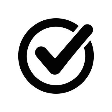 Dairesel bir çizginin içinde koyu, siyah bir işaret içeren minimalist bir vektör çizimi. Tasarım temiz ve basit, beyaz arka plana göre ayarlanmış. Onaylama ve tamamlama için mükemmel..