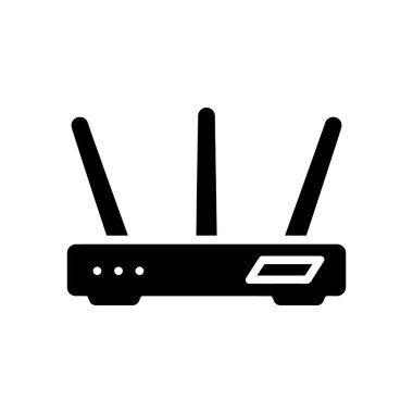 Siyah simge, temiz beyaz arkaplana karşı üç antenli bir wifi yönlendiricisini gösteriyor. Vektör grafiği net ayrıntılar ve ölçeklenebilirlik sunar.