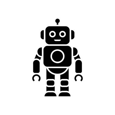 İzole edilmiş siyah vektör simgesi, kare başlı, yuvarlak gözlü ve kolları temiz beyaz bir zemin üzerinde eğri büğrü bir robot oyuncağı gösteriyor, çeşitli teknoloji tasarımları için mükemmel..