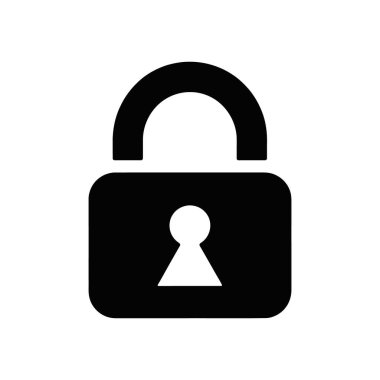 İzole edilmiş siyah asma kilit ikonu, güvenlik konsepti, beyaz üzerinde açık bir anahtar deliği. Web siteleri için güvenlik, veri koruması, gizlilik ve dijital güvenlik çözümlerini sembolize eder.