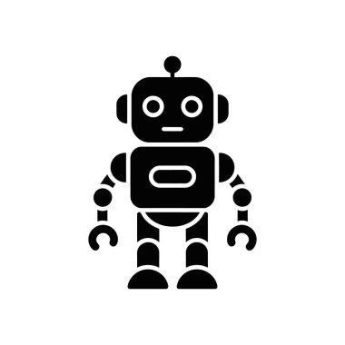 Siyah bir robot ikonunun vektör çizimi. Robotun kafası antenli, yuvarlak gözlü, dikdörtgen gövdeli, kolları ve bacakları beyaz arka planda..