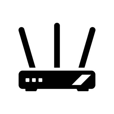 Basit, koyu siyah vektör simgesi, temiz beyaz bir arkaplan üzerine kurulmuş, üç dikey antenli bir yönlendiriciyi gösteriyor. Ağ diyagramlarında kullanmak için ideal.