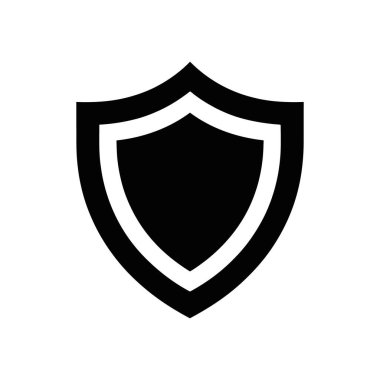 Beyaz zemin üzerinde beyaz çizgili siyah bir kalkan içeren izole vektör simgesi, güvenlik, koruma veya güvenlikle ilgili tasarım ve uygulamalar için idealdir.