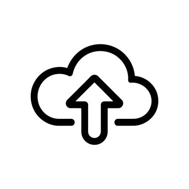 Siyah ana hatlı vektör simgesi biçimlendirilmiş bulut şeklinden yukarı doğru yükselen bir ok tasvir ediyor, web tasarımı için uygun, temiz beyaz bir arkaplan üzerine kurulmuş.