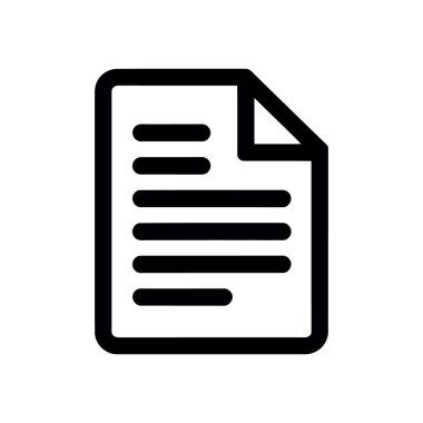 Siyah ve beyaz vektör simgesi, web veya grafik tasarımı için ideal, temiz, beyaz bir arkaplan üzerinde izole edilmiş, eğri köşeli ve metni temsil eden çizgileri gösteren bir belge gösterir.