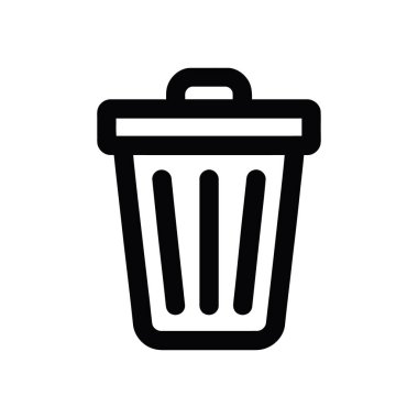 Dikey çizgileri, bir kapağı ve bir sapı olan biçimlendirilmiş bir çöp tenekesini bembeyaz bir arkaplanda gösteren basit bir siyah ve beyaz vektör resmi.