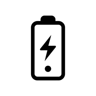 Beyaz arka planda izole edilmiş siyah pil vektör ikonu. Merkezi bir yıldırım sembolü ve yük düzeyi göstergesi için dairesel bir gösterge özelliği.