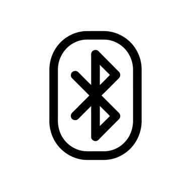 Evrensel Bluetooth sembolünün temiz, minimalist vektör simgesi, siyah ile tasvir edilmiş, yuvarlak bir dikdörtgen içinde kaplanmış, el değmemiş beyaz bir zemin üzerinde sunulmuş, basit temiz bir tasarım..