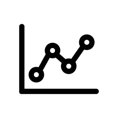 Beyaz arkaplandaki izole edilmiş siyah vektör diyagramı simgesi, bilgi ve sunumlar için yuvarlak veri noktaları ve eksenleri olan basit bir çizgi grafiği gösterir.