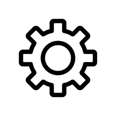 Beyaz arkaplan üzerinde basit bir siyah dişli vektör simgesi gösterir, ayarları, seçenekleri, teknik unsurları, yapılandırmayı ve tasarımcılar için genel mekanik işlevselliği sembolize eder.
