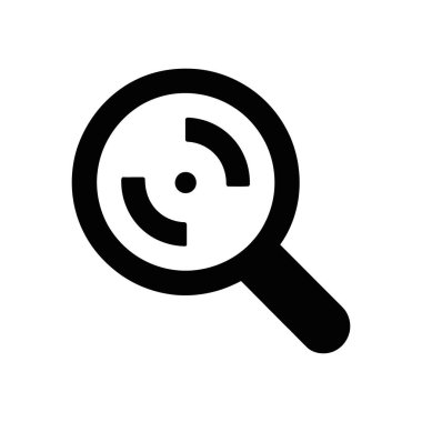 Beyaz bir zemin üzerinde siyah bir büyüteç sembolü gösteriyor, objektifin içinde iki kısmi dairesel segmentten oluşuyor. Vektör simgesi arama ve analiz iletileri.