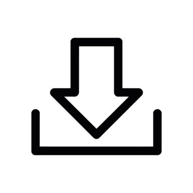 Basit bir siyah ana hat simgesi, aşağıya bakan ve dikdörtgen bir yükleme kutusunun üstüne bağlanan temiz beyaz bir arkaplan üzerine kurulmuş belirgin bir ok içerir..