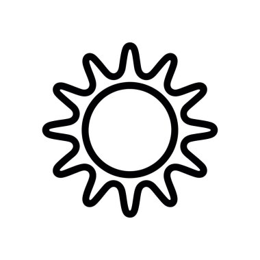 Belirgin ışınları olan, yaz ve hava şartları için uygun, temiz beyaz bir arkaplan üzerine kurulmuş siyah bir ana hatlı basit bir vektör güneş simgesini gösterir.