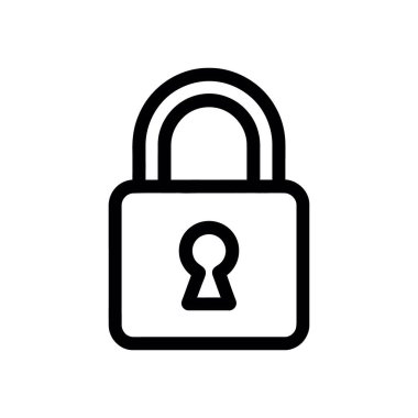 Bu resim, asma kilidin, güvenlik, güvenlik ve koruma kavramlarını temsil eden, beyaz bir arkaplanda izole edilmiş, minimal, siyah bir vektör ikonudur..