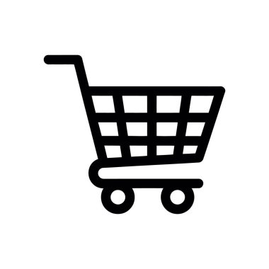 İzole edilmiş vektör simgesi siyah bir alışveriş arabasının saplı, ızgara benzeri sepetli ve altta temiz beyaz bir arka planda sunulan iki tekerleği gösteriyor..