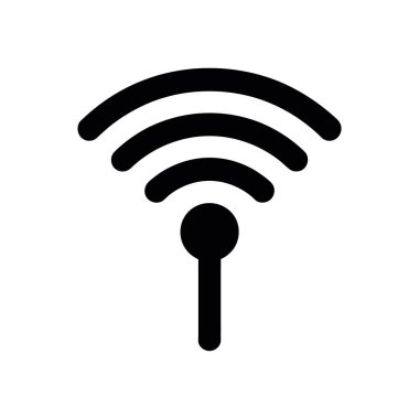İzole edilmiş bir vektör illüstrasyonu, temiz beyaz zemin üzerinde, dikey anten ve üç eğri çizgi içeren basitleştirilmiş bir siyah kablosuz sinyal simgesini gösterir.