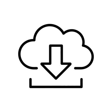 Aşağıya bakan bir ok ile bulutun net ve özlü bir vektör simgesini gösterir. Beyaz arkaplan üzerindeki bulut indirmelerini ve veri aktarımı kavramlarını göstermek için ideal.