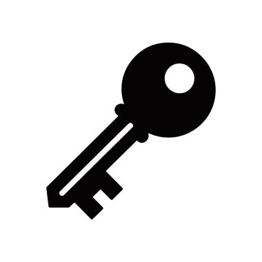 İzole edilmiş bir vektör simgesi, yuvarlak başlı ve dikdörtgen bıçaklı koyu siyah bir klasik anahtar gösterir. Temiz beyaz arkaplan karşısında minimalist anahtar sunumu.