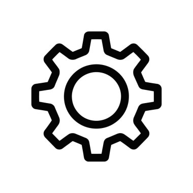Beyaz arka planda izole edilmiş siyah çark simgesi. Simge, bir dişlinin basit, kalın ve temiz bir vektör gösterimidir. Ayarlar menüleri ve dizayn ögeleri için uygun.