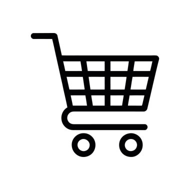 İzole edilmiş siyah bir alışveriş arabası ikonu, beyaz arka planda ölçeklenebilir bir vektör grafiği olarak gösteriliyor. Web sitesi, uygulama veya kullanıcı arayüzü tasarımı için ideal.
