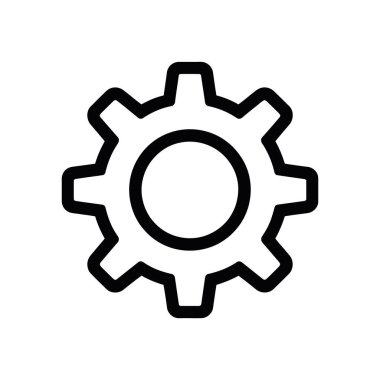 Tek bir siyah dişlinin vektör simgesi beyaz bir arkaplanda merkezlenir. Yuvarlak kenarları ve yedi dişlisi olan dişli, makine parçalarını veya ayarlarını temsil edebilir.