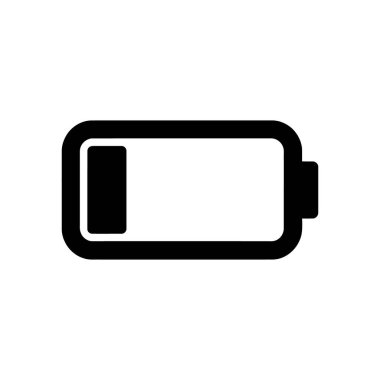 Siyah vektör simgesi, şarj seviyesi yaklaşık% 20 civarında olan ve temiz beyaz zemin üzerine kurulmuş düşük bir pil göstergesi gösteriyor. Web siteleri, uygulamalar ve sunumlar için ideal.