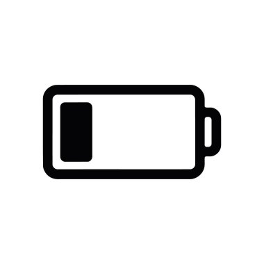 Basit vektör simgesi, beyaz arka planda düşük pil sembolü gösteriyor. Siyahla çizilmiş minimalist tasarım açıkça bataryanın tükenmesini temsil ediyor..