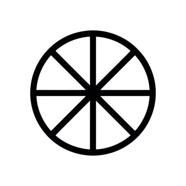 Bu temiz vektör simgesi dairesel çerçeve içinde eşit dağılmış sekiz çubuklu basit bir siyah tekerlek içerir, hepsi beyaz arkaplan üzerine kuruludur..