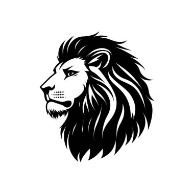 Beyaz arka plana çarpıcı bir siyah beyaz tasarım çizilmiş, akışkan yeleli bir aslanın kafasının ayrıntılı bir çizelgesi..