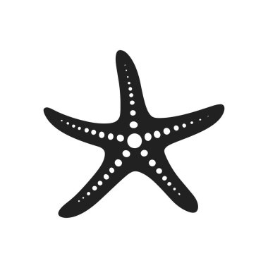 Belirgin beyaz noktalar içeren siyah bir denizyıldızının izole edilmiş vektör silueti. Çok yönlü kullanım için beyaz arka planda deniz yaban hayatı, deniz canlıları ve deniz temalarını betimler.