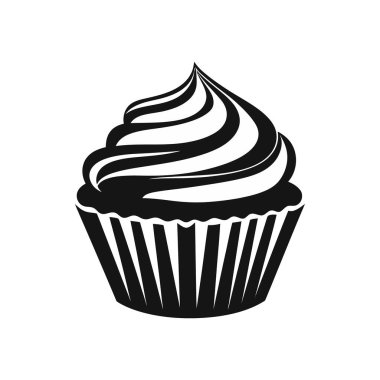 Şekil verilmiş siyah siluet içeren kek simgesi. Karmaşık bir krema detayı ve çizgili bir çizgi, beyaz bir arkaplan üzerine kurulmuş, grafik tasarımları için ideal..
