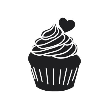 Bu vektör görüntüde siyah bir kek silueti var. Detaylı şekerleme ve kalp ile birlikte. Temiz tasarım, çeşitli yaratıcı projeler için ideal beyaz bir arkaplanda izole edilmiştir..