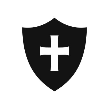 Merkezinde belirgin beyaz bir haç bulunan klasik bir siyah kalkanı betimleyen vektör grafik, temiz, sade beyaz bir zemin üzerine kurulmuş. Çeşitli tasarım amaçları için ideal.