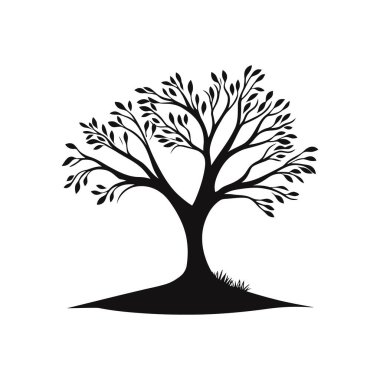 Detaylı yaprakları ve tabanında bir parça çimen olan zarif bir ağaç silueti. Temiz beyaz bir arkaplanda izole edilmiş, çok yönlü bir vektör çizimi sağlıyor.