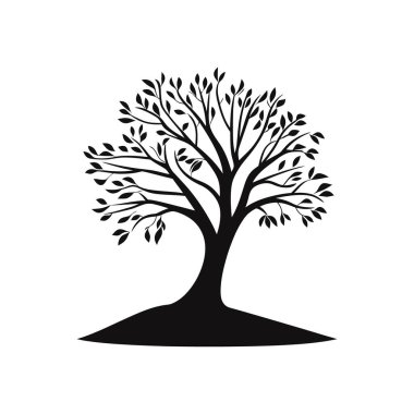 Resimlerde, yaprakları küçük bir tepede büyüyen, beyaz arka planda, izole ve basit bir tasarım olan bir ağacın siyah vektör silueti gösteriliyor..