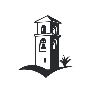 Büyüleyici siyah-beyaz vektör silueti, çimen parçalarıyla tamamlanmış karmaşık mimari detayların yer aldığı bir çan kulesi sergiliyor. Minimalist tasarımlar için mükemmel.