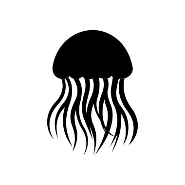 Siyah siluette bir denizanasını gösteren minimalist bir vektör ikonu. İkonda denizanasının çan şeklindeki belirgin vücudu ve iz bırakan dokunaçları yer alıyor. Beyaz arkaplanda ayarla.
