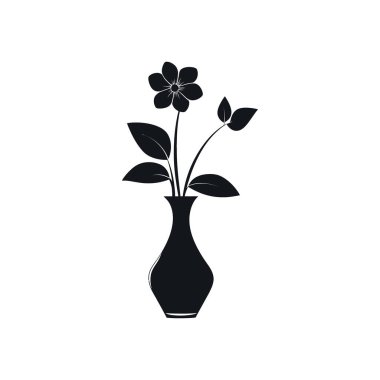 Vazo vektör ikonunda yaprakları olan siyah çiçek silueti beyaz arkaplanda izole edilmiş. Asgari çizgi sanat tarzı. Vazoda çiçekli grafiksel dekoratif element.