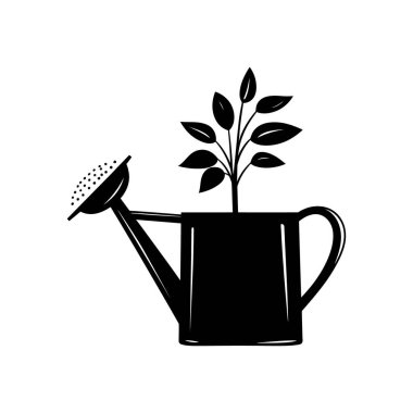 Minimalist vektör illüstrasyonu, içinde yeşil yapraklı bitkilerin büyüdüğü siyah bir sulama siluetinin olduğunu gösteriyor. Beyaz arkaplandaki izole görüntü temiz ve basit bir tasarım sağlar.